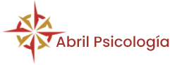 "Logotipo de Abril Psicología en color granate con una rosa de los vientos estilizada a la izquierda sobre fondo blanco, para la web de psicología online y presencial abrilpsicologia.
